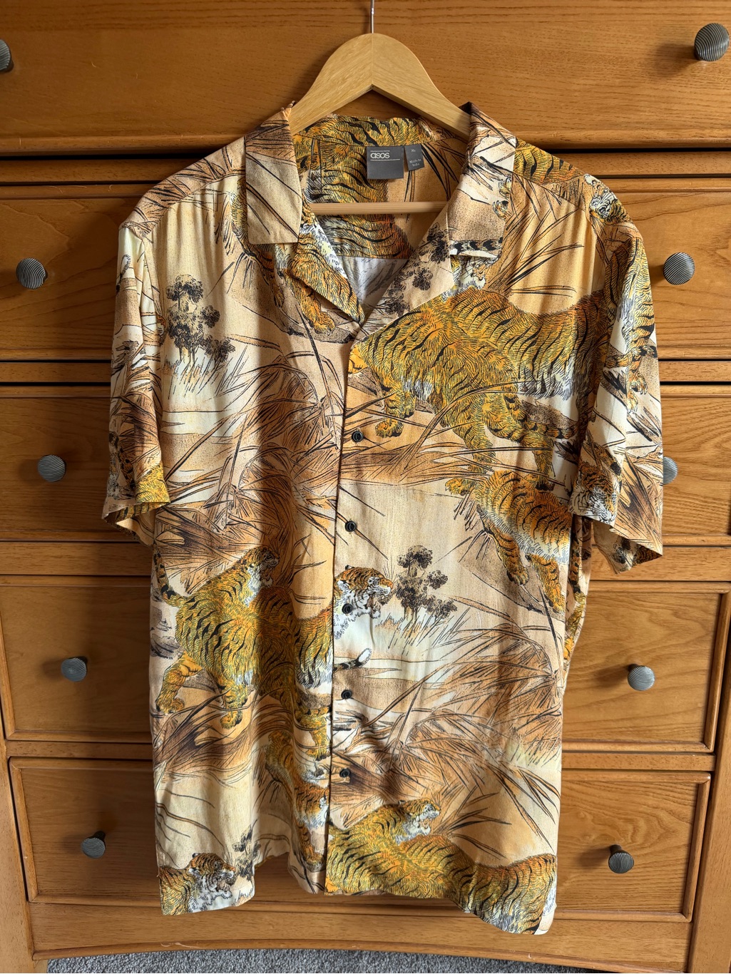 Asos Mens Tiger Print Button Down Short Sleeve Shirt Size Xl Safari Chic Resort
